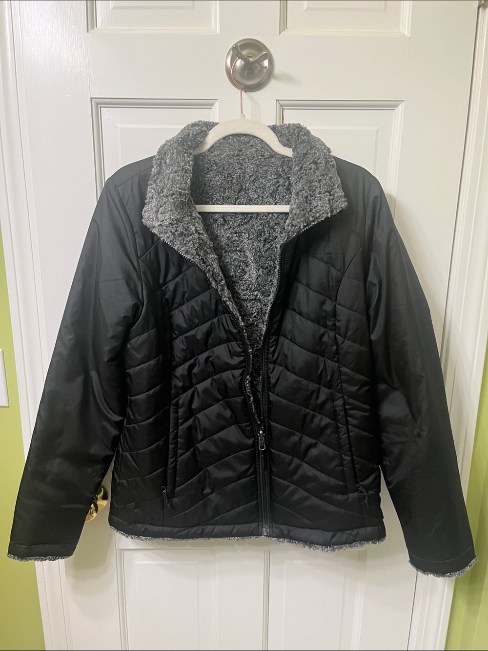 The North Face Women's Plush Reversible Jacket in Gray Black - Soft Zip-Up Coat
